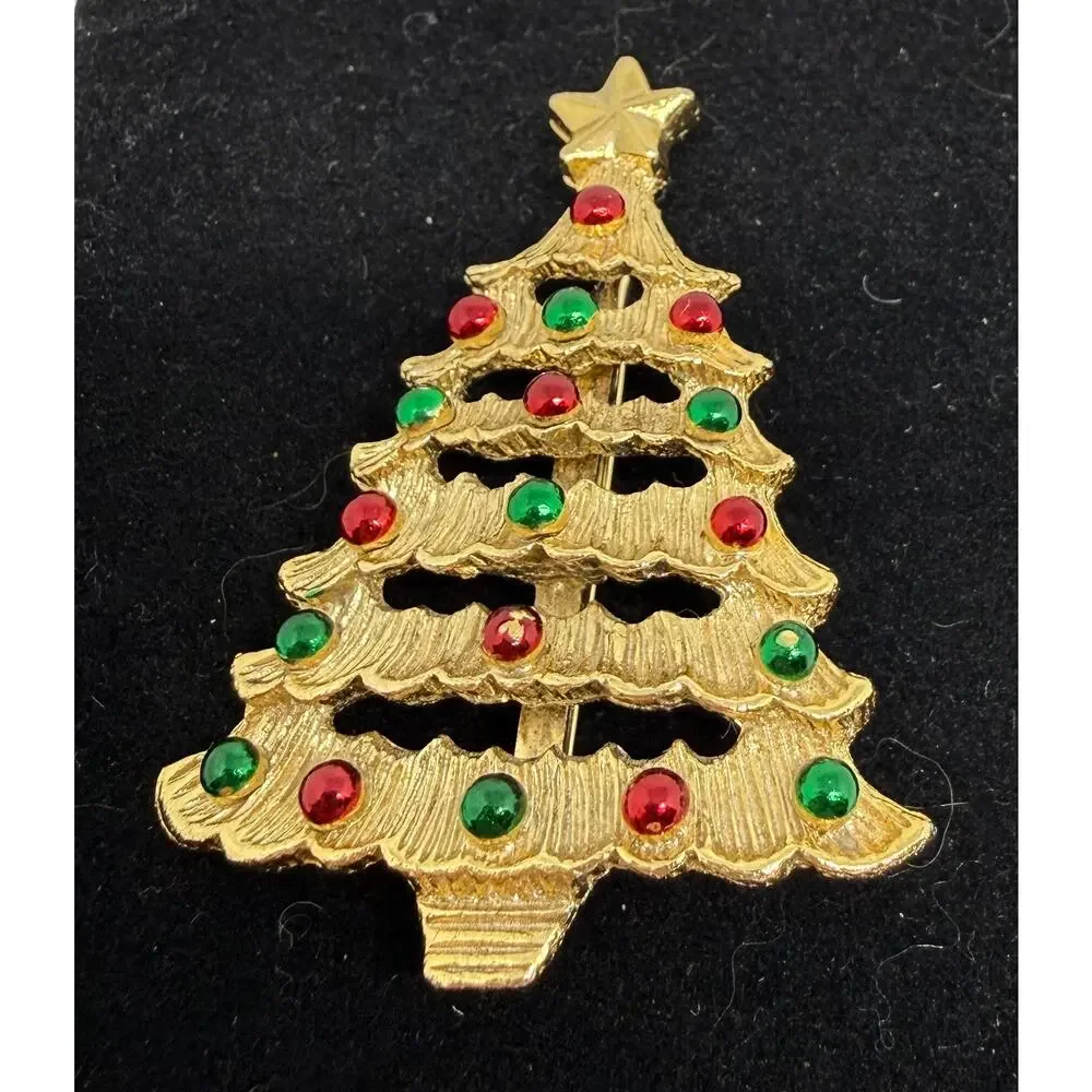 VINTAGE Gerry's Christmas Tree Brooch Signed Gold Tone Red Green Rhinestone Pins